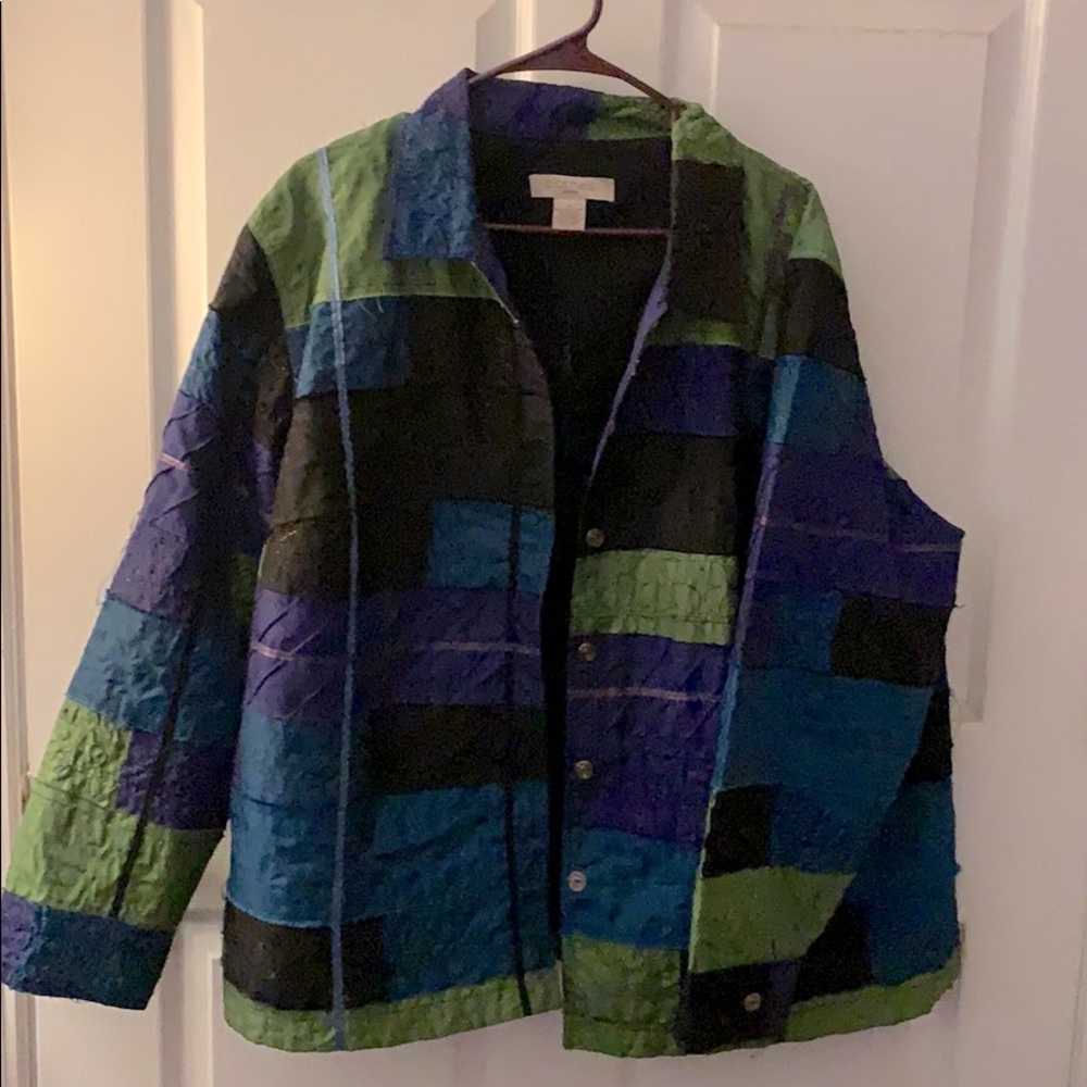 Multi color jacket with raw hem stitching